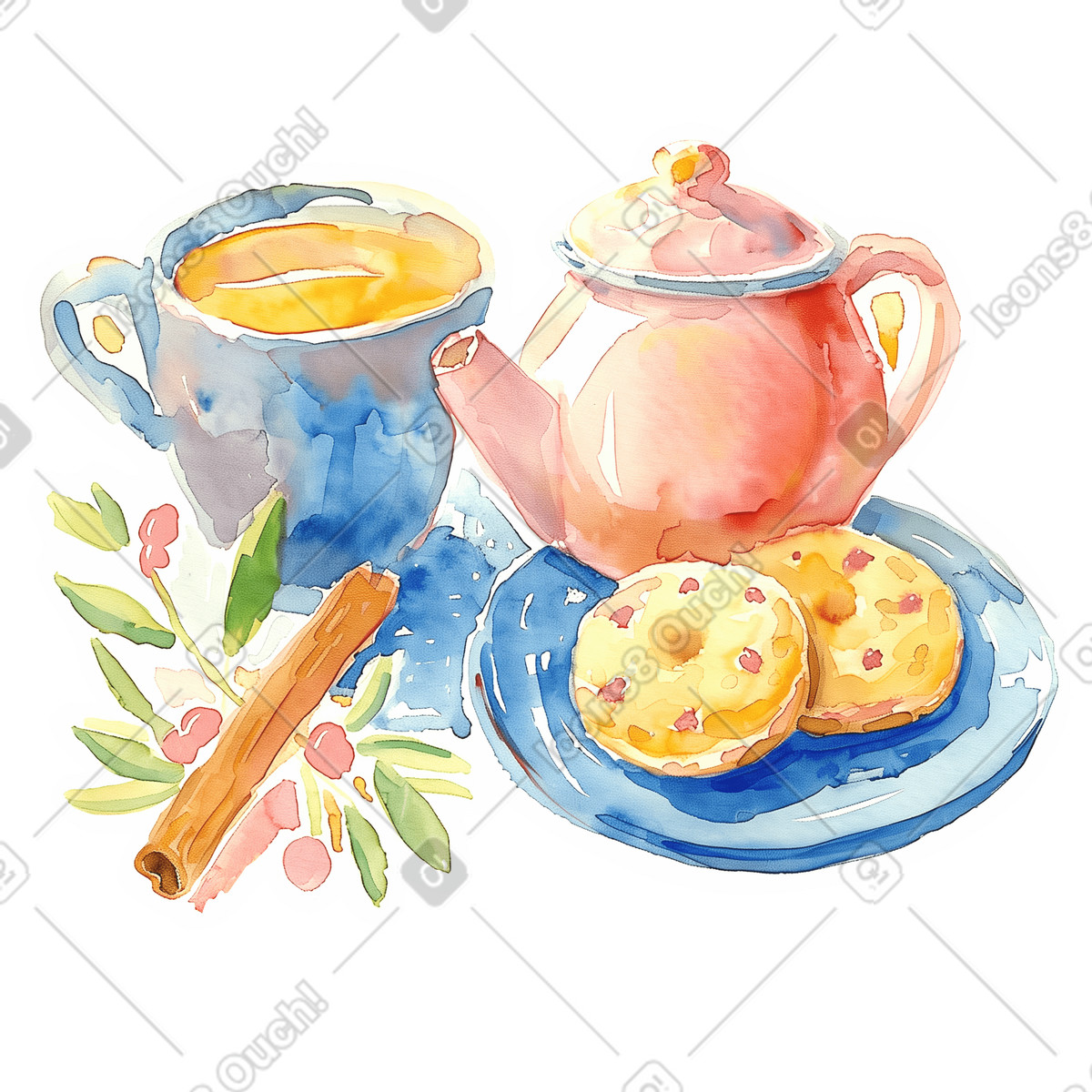 Teapot with mug and cookies illustration in Watercolor style download in PNG, SVG