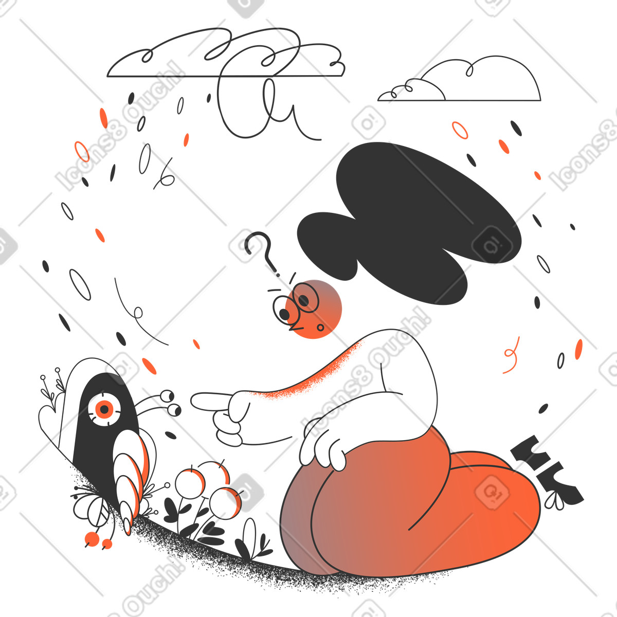 Woman being curious about a snail illustration in PNG, SVG