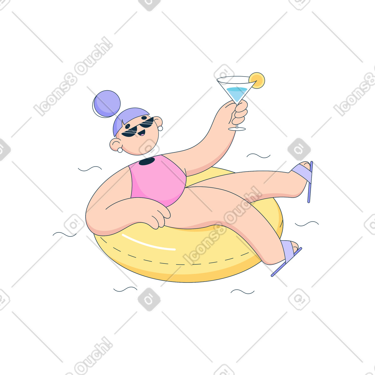 Donna che si rilassa in vacanza un anello della piscina con cocktail illustrazione animata stile Bubble gum scaricabile GIF, Lottie (JSON), AE