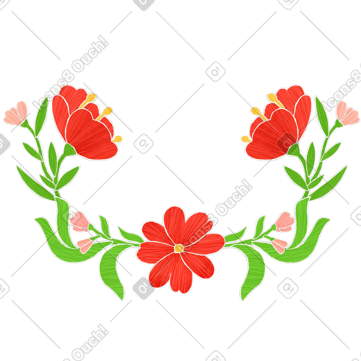 Fiori rossi e rosa in foglie verdi disposti a semicerchio illustrazione stile Crafty scarica PNG, SVG