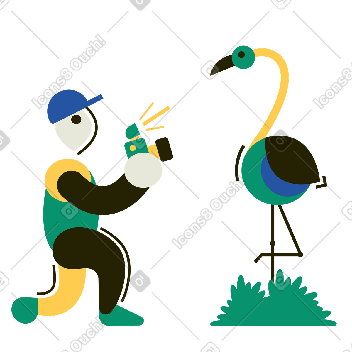 Illustration Un photographe animalier prend une photo d'un héron dans le style Spot à télécharger aux formats PNG, SVG