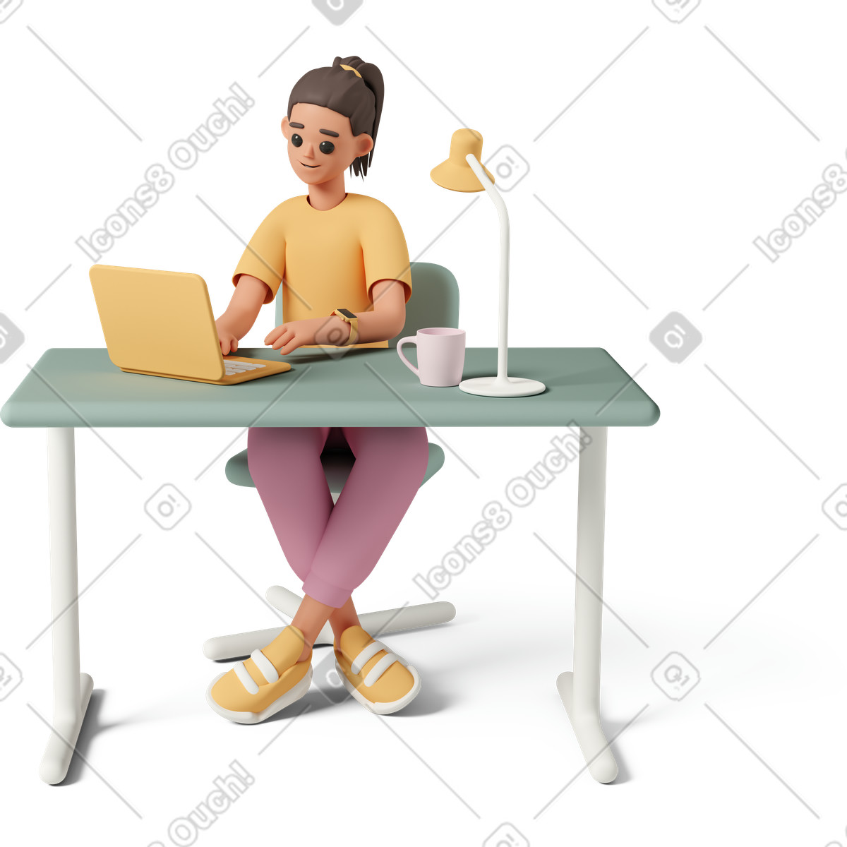 3D Casual life 스타일의 Young woman working at desk 일러스트레이션 PNG, SVG 다운로드