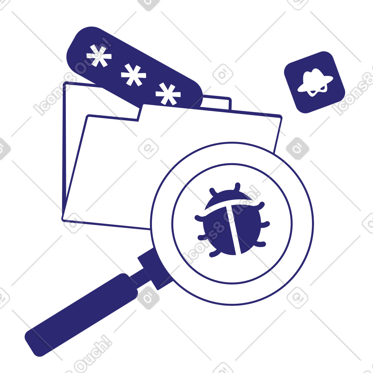 Cut スタイルの Magnifying glass detecting malware over data files, cybersecurity and hacking prevention のアニメーションイラストをGIF、Lottie (JSON)、AEでダウンロード