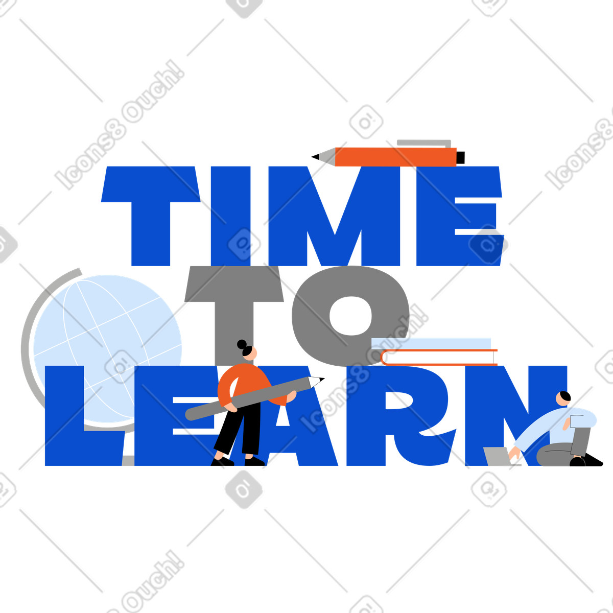 Lettering Time to Learn with pen, globe and books text illustration in Tiny style download in PNG, SVG