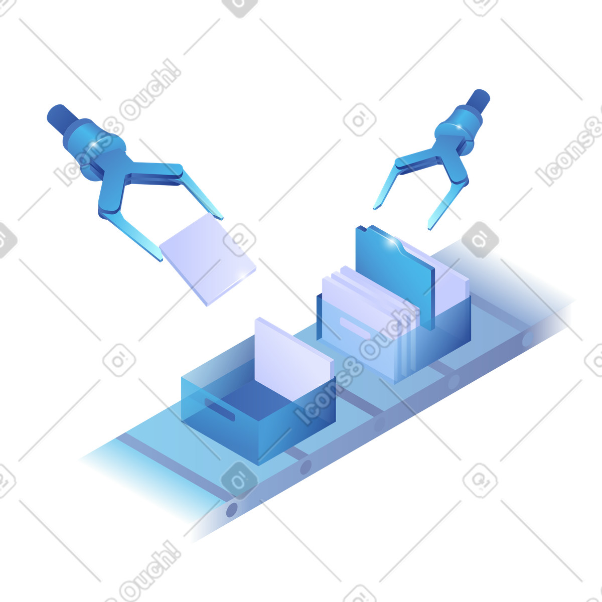 Illustration Data management workflow with robotic arms organizing folders and files dans le style Quantum à télécharger aux formats PNG, SVG