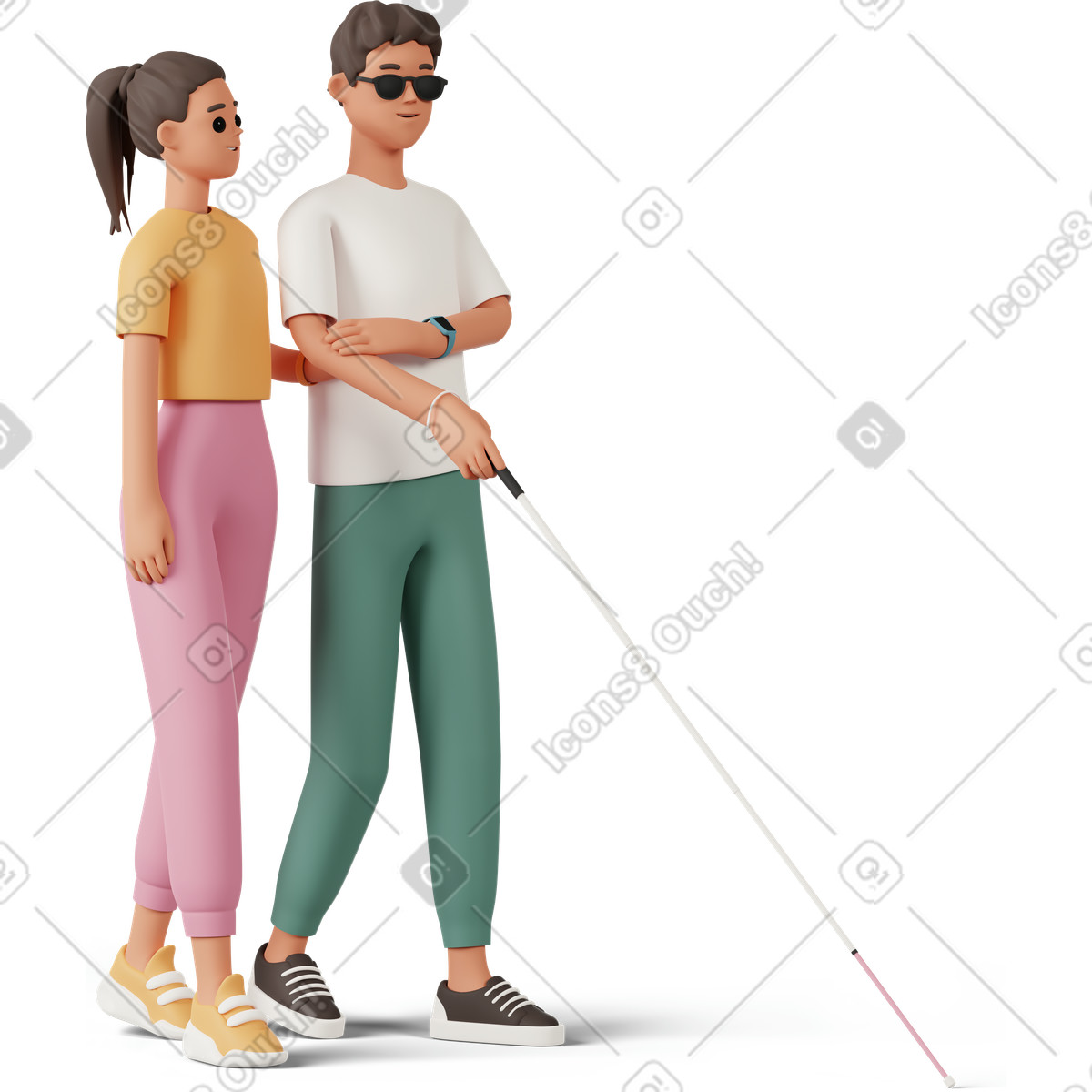 Young blind boy and girl walking-Illustration im 3D Casual life-Stil als Download in PNG, SVG