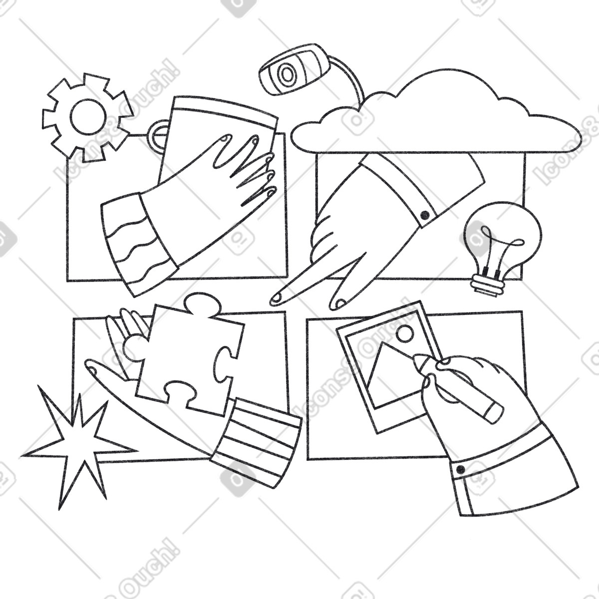 Hands engaged in work tasks, Online project collaboration and management illustration Bonbon Line style download PNG, SVG