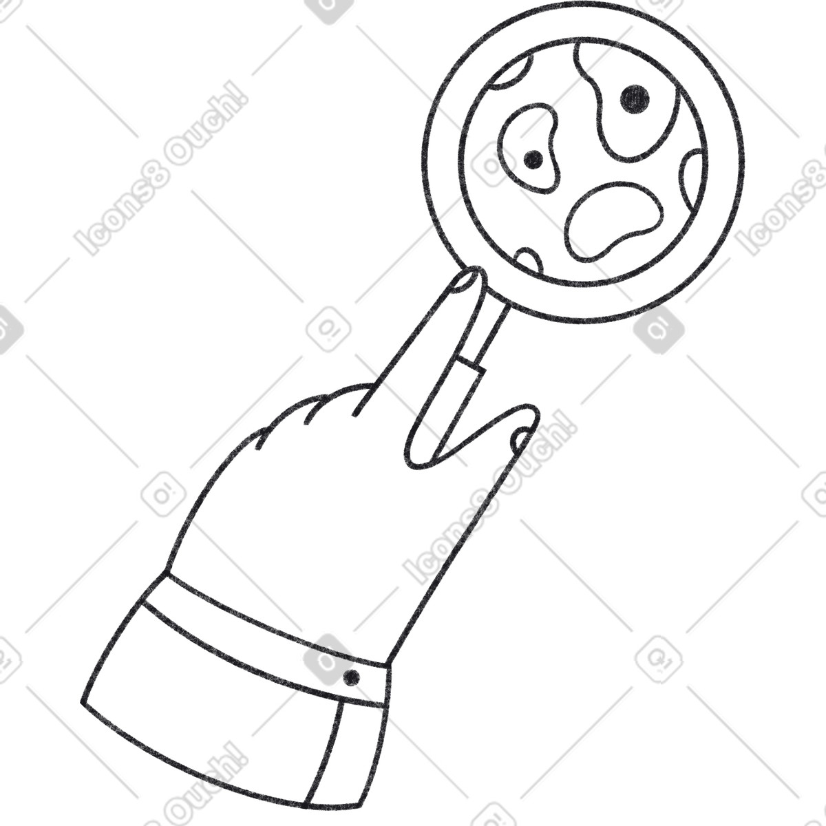 Hand holding a magnifying glass with bacteria illustrazione in stile Bonbon Line scarica in PNG, SVG