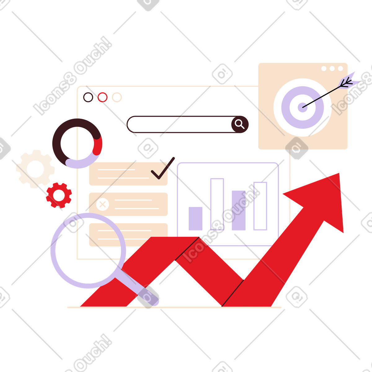 Flusso di lavoro targeting e marketing con analisi illustrazione in stile Folks scarica in PNG, SVG