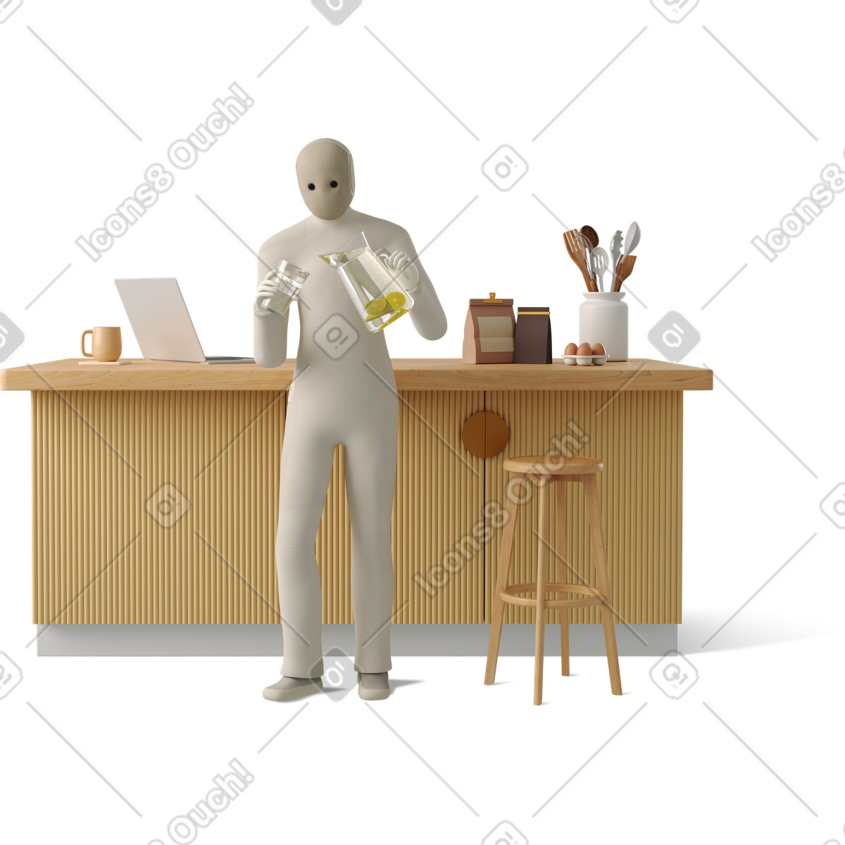 下载 3D Business 风格的 Robot chef pouring lemon water beside kitchen counter and stool 插画，支持 PNG、SVG 格式
