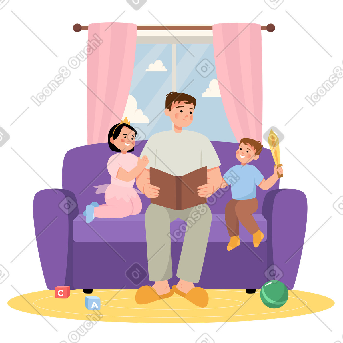 Ilustración Papá lee un libro a su hijo e hija en la sala de estar. estilo Lagom descargar PNG y SVG