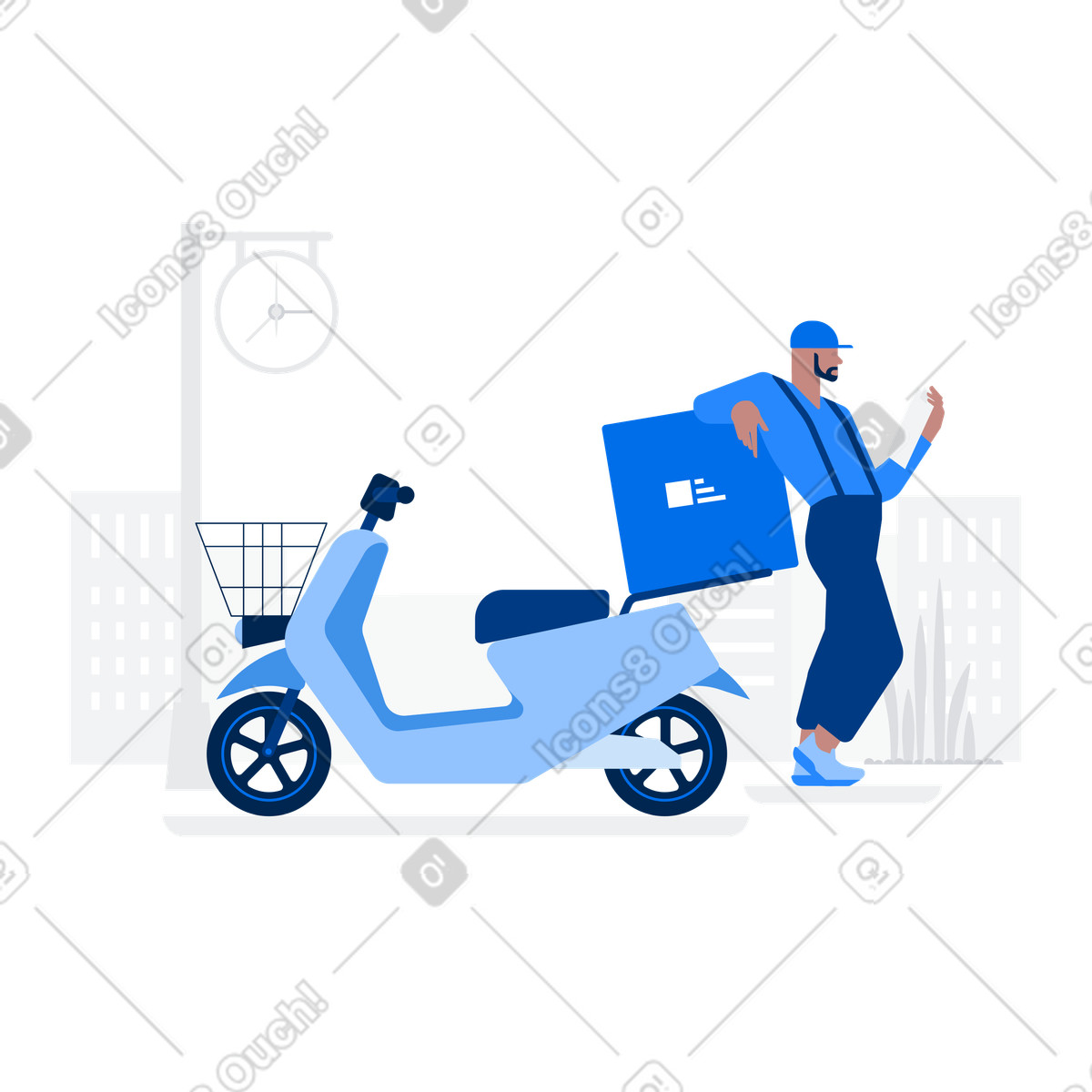 下载 Urban 风格的 送货员站在轻便摩托车附近 动画插图，支持 GIF、Lottie （JSON）、AE 格式