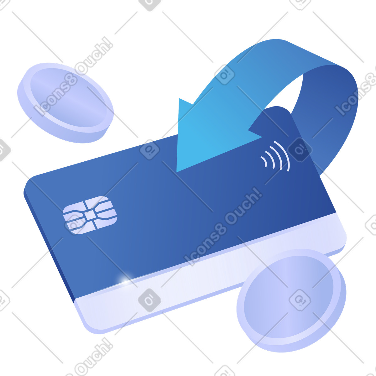 Freccia che punta alla carta bancaria con monete, trasferimento di denaro digitale e pagamento online illustration in PNG, SVG