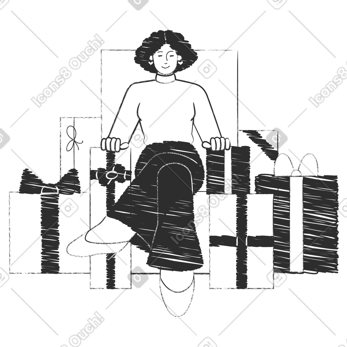 Birthday celebrant sitting on throne made of presents, holiday celebration or festive occasion-Illustration im Graphite-Stil als Download in PNG, SVG