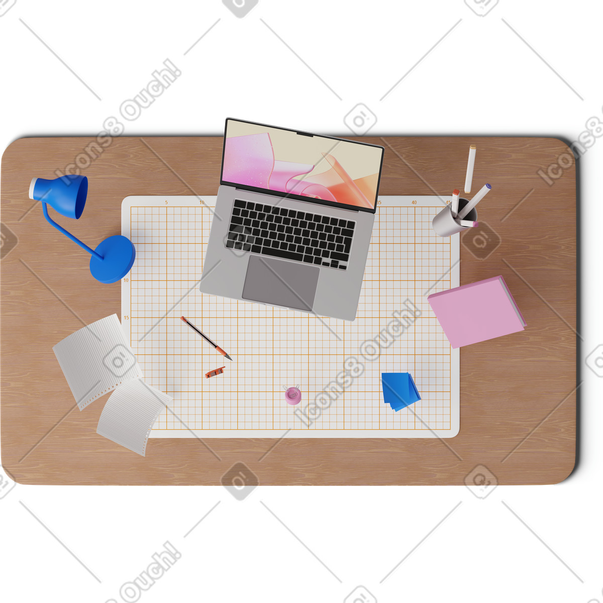 Top view illustration of a levitating office desk clipart featuring a laptop and documents in GIF