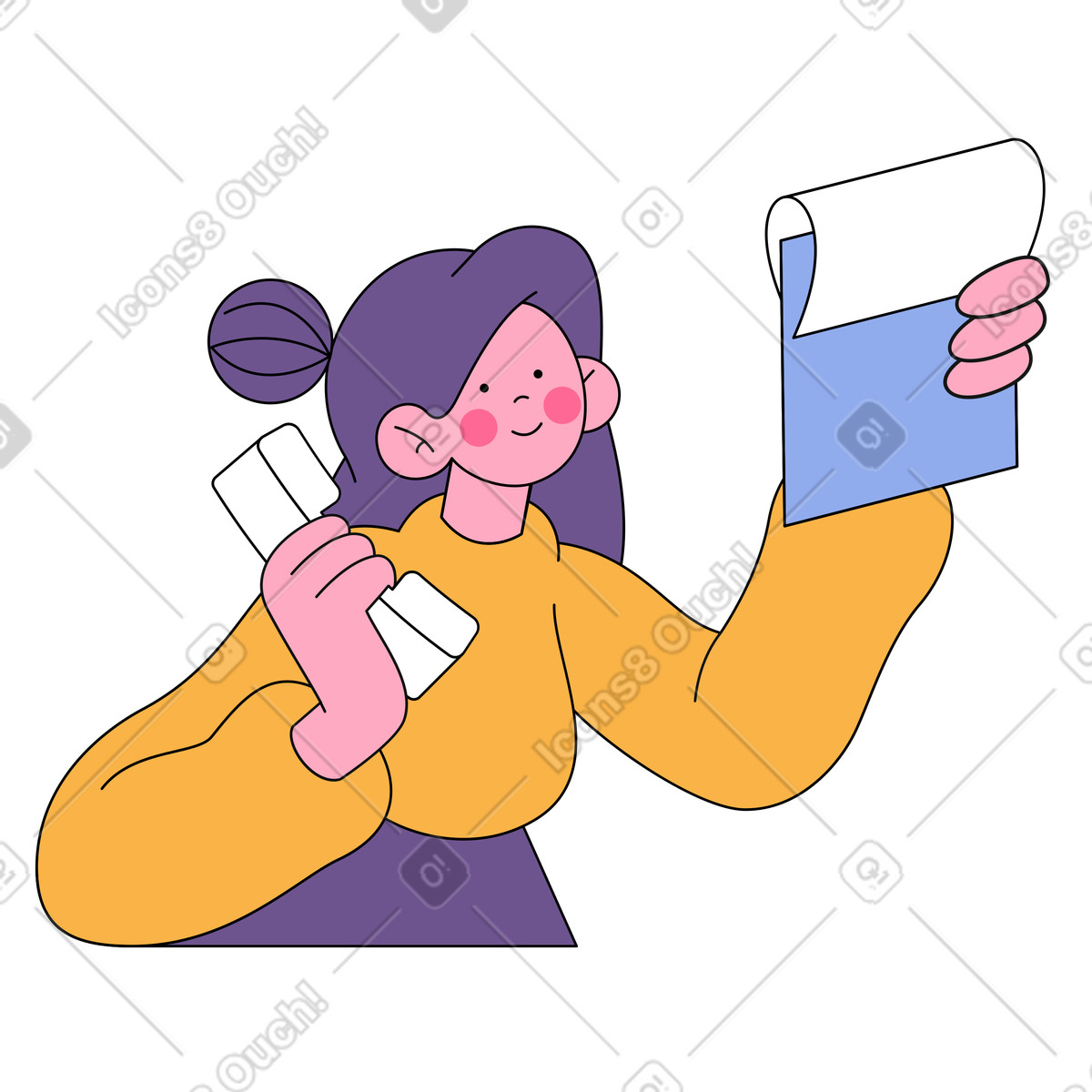 Illustration animée Femme regardant le document et ayant une conversation téléphonique dans style Bloom à télécharger aux formats GIF, Lottie (JSON), AE