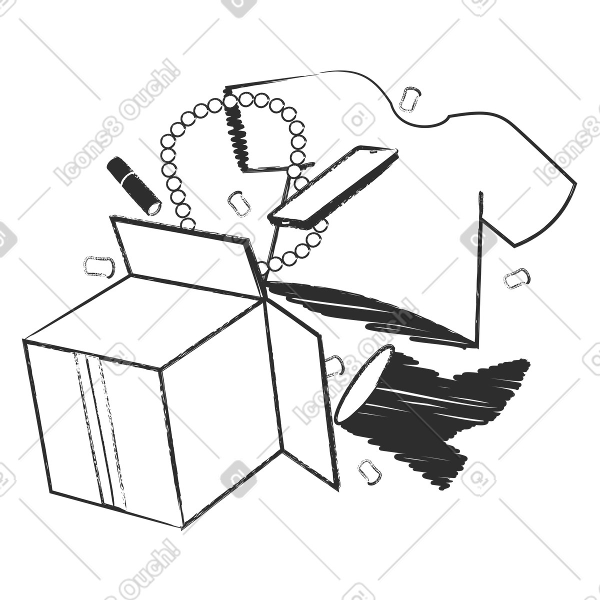 Unboxing parcel with product items, Home delivery for online purchases illustration in Graphite style download in PNG, SVG