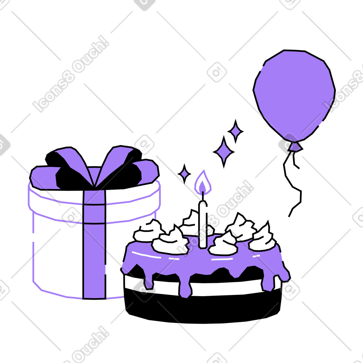 Birthday cake with present and balloon illustration in Amethyst style download in PNG, SVG