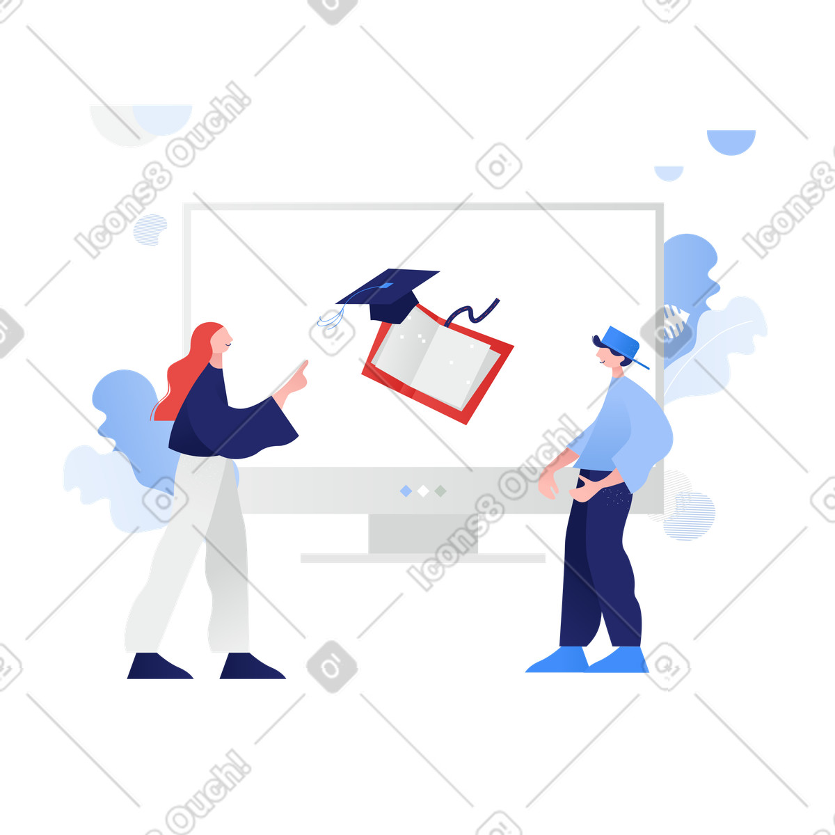 下载 Clip 风格的 Students standing in front of computer screen with book and graduation cap, Online learning remote education 插画，支持 PNG、SVG 格式