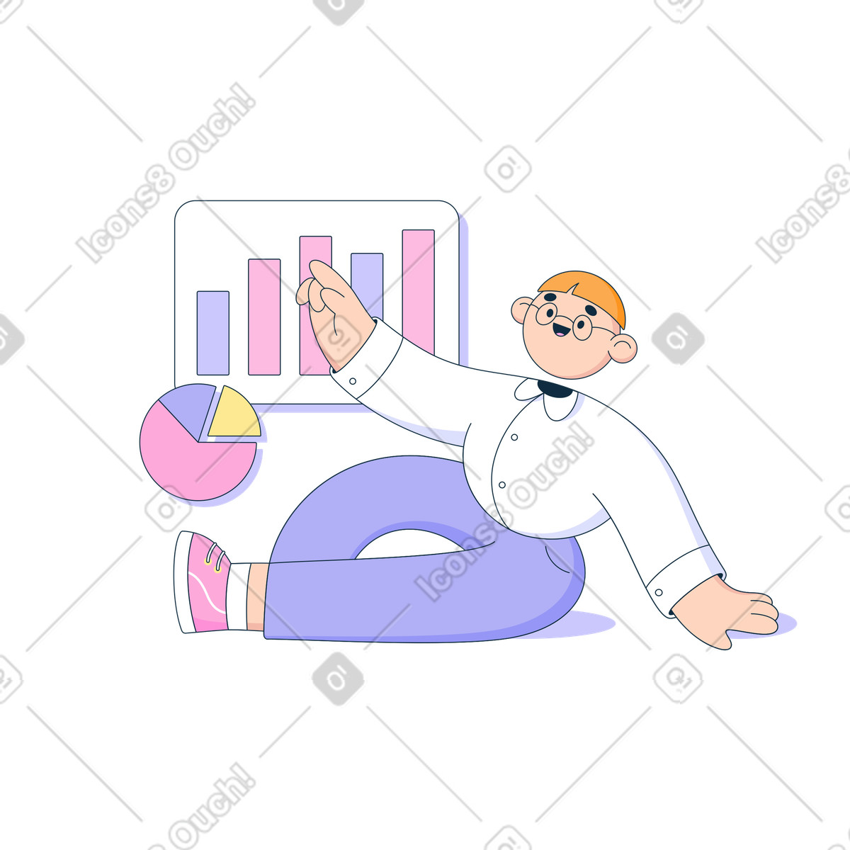 Man pointing at infographics and analytics animated illustration in Bubble gum style download in GIF, Lottie (JSON), AE