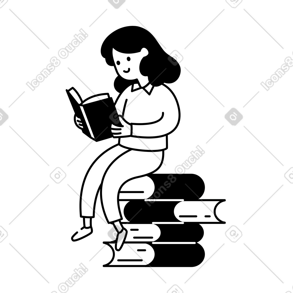 Ilustración Student sitting on books enjoying quiet reading and learning time en estilo Notion Line Art a descargar en PNG y SVG