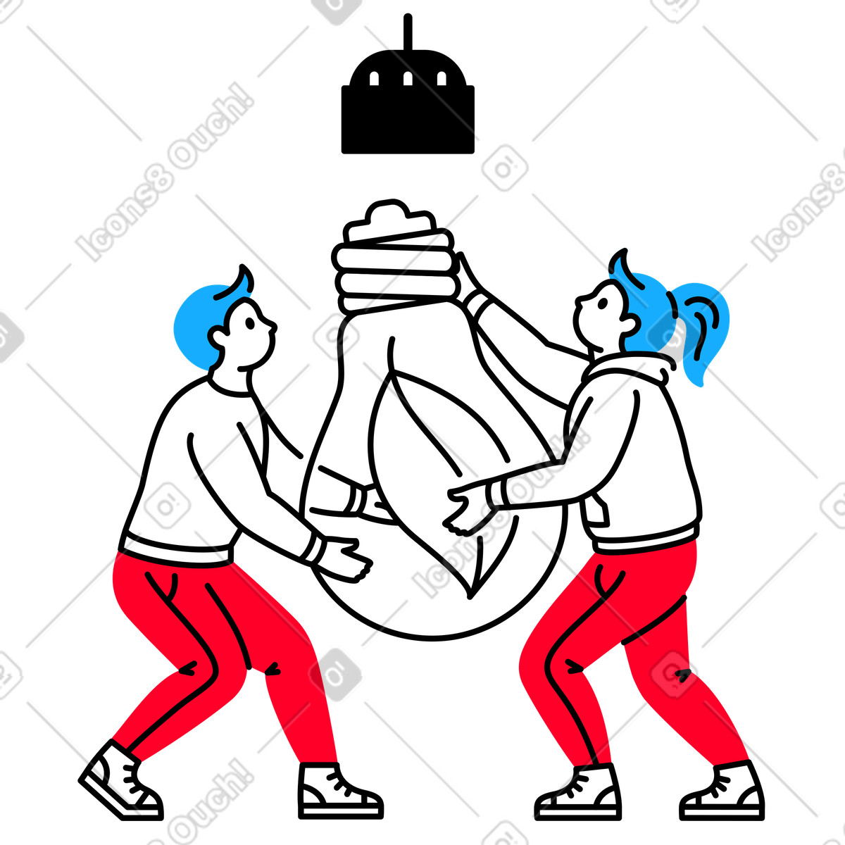 Persone in possesso di un'enorme lampadina con una foglia all'interno illustrazione stile Transistor scarica PNG, SVG