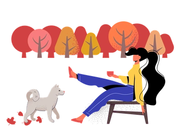 A woman relaxing with a dog in autumn - Pale style illustration
