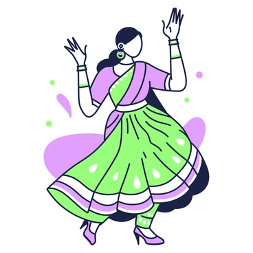 A traditional dancer is captured mid-performance, showcasing intricate movements and expressions. She is wearing a colorful ensemble adorned with patterns and embellishments. Her hair is styled elegantly, and she features prominent "jhumka" earrings that sway gracefully as she dances. Her arms are raised, with fingers elegantly positioned, displaying traditional hand gestures. The dancer is surrounded by a soft blur that suggests movement, emphasizing her dynamic pose and the flow of her attire.