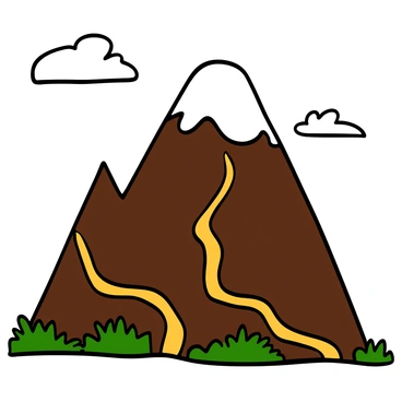 A large mountain with a textured surface that resembles chocolate, featuring a rich, dark brown color. The mountain has flowing rivers of shiny, golden syrup winding down its slopes. The syrup contrasts with the chocolate texture, glistening in the light. Surrounding the mountain are small patches of green grass, adding a vibrant touch to the scene. The sky above is clear with a few fluffy white clouds, creating a bright, cheerful atmosphere.