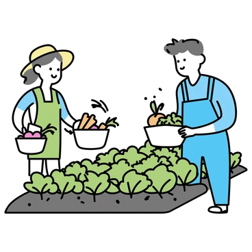 Two farmers, a woman wearing a straw hat and a green apron, and a man dressed in a blue shirt and overalls, are picking fresh vegetables. The rows of the organic farm are neatly arranged, featuring vibrant green lettuce, bright orange carrots, and red tomatoes. The sun casts gentle shadows on the soil, highlighting the farmers' movements as they carefully harvest the produce. Each farmer holds a basket filled with freshly picked vegetables, showcasing the farm's abundant yield.