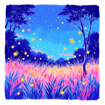 A summer night scene features a dark blue sky dotted with twinkling stars. In the foreground, glowing fireflies are scattered throughout the air, illuminating the scene with small, golden orbs of light. Beneath the sky, tall grass sways gently in the breeze. Silhouetted trees frame the scene, their leaves rustling softly. The overall atmosphere is tranquil, capturing the essence of a warm summer evening.