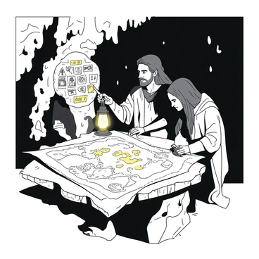 Adventurers solving a complex puzzle on an ancient map in a cave