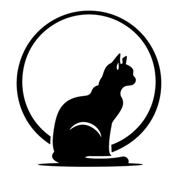 A black ink silhouette of a cat sitting and staring at a full moon in a night sky.