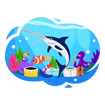 A swordfish with a sleek, elongated body and a long, pointed bill is positioned at the forefront of an imaginary underwater orchestra. The swordfish holds a baton in its bill and appears to be guiding the ensemble with precision. Surrounding the swordfish are various colorful sea creatures, including a vibrant clownfish playing a small trumpet, a cheerful octopus on drums, and a graceful seahorse playing a violin. Bubbles float around them, adding a sense of movement to the scene. The underwater setting features colorful coral formations and beams of sunlight filtering through the water, illuminating the joyful performance.