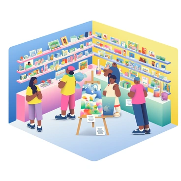 A colorful art supply store is filled with shelves brimming with various art supplies, including paints, brushes, markers, and sketchbooks. The walls are painted in bright hues of blue, yellow, and pink, creating a vibrant atmosphere. In one corner of the store, there is a dedicated section showcasing customer illustrations. This area features framed artworks displayed on light wooden easels. The illustrations are diverse in style, featuring landscapes, abstract designs, and portraits. Small placards below each piece provide the artist's name and a brief description. A few customers are browsing the artworks, while others are selecting supplies from nearby shelves, creating a lively and creative environment.