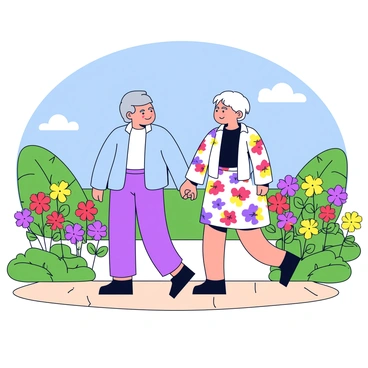 Two elderly individuals walking side by side through a blooming garden. They are holding hands, showcasing a strong bond. One individual has grey hair and is wearing a light blue sweater, while the other has white hair and is dressed in a floral-patterned dress. The garden is filled with vibrant flowers in various colors, including red, yellow, and purple. There are green shrubs and a bright blue sky above, enhancing the warm atmosphere. The path they are walking on is made of light-colored stones, adding to the tranquil setting.