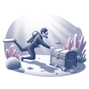 A scuba diver is underwater, surrounded by vibrant coral formations. The diver is equipped with a wetsuit, fins, and a facemask. The diver is positioned near a sunken treasure chest partially buried in the sand. The chest is made of weathered wood with metal accents and is adorned with barnacles. Various fish swim nearby, and the diver is reaching out towards the chest, examining it with curiosity. Rays of light filter through the water, illuminating the scene and highlighting the details of the coral and the treasure.