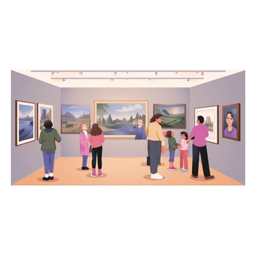 A digital flat illustration depicting a spacious art gallery filled with various paintings. There are several visitors scattered throughout the gallery. A middle-aged woman with curly brown hair is standing in front of a large abstract painting, leaning in closely to examine the details. Next to her is a young man with short black hair, wearing glasses, who is holding a small notebook and jotting down notes while observing a landscape painting. A family consisting of a father, mother, and two children is gathered in front of a colorful portrait, discussing it enthusiastically. The walls of the gallery are painted a light gray, and the floor is polished wood. Bright, warm lighting highlights the paintings on the walls.