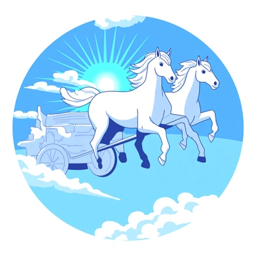 A white chariot is being drawn by two majestic white horses soaring through a bright blue sky. The chariot glows with a radiant light, illuminating the surrounding clouds. The horses have flowing manes and tails, shimmering as they gallop across the heavens. Sunlight reflects off their shiny coats, creating a dazzling spectacle as they move gracefully. In the background, fluffy white clouds drift, adding depth to the scene.
