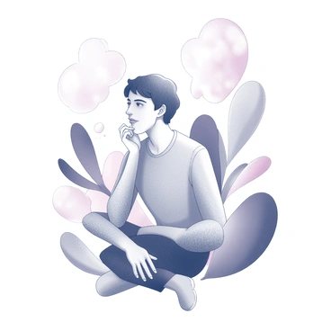 A person with soft features and a thoughtful expression sits in a relaxed posture. They are surrounded by abstract shapes and vibrant forms that seem to flow and swirl around them, conveying a sense of energy and creativity. The shapes vary in size and complexity, some resembling swirling clouds or waves, while others are more geometric and angular. The person's attire is casual and comfortable, and their gaze is directed forward, lost in the imagery that surrounds them.