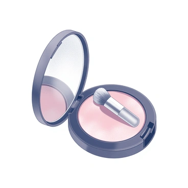 A compact case of blush lying open on a flat surface. The case features a hinged lid, revealing the soft, powdery blush inside. A small brush is nestled within the compact, positioned at an angle for easy access. The brush has a short handle and fluffy bristles, appearing ready for use. There are subtle details on the compact surface, such as a faint reflection or texture, adding dimension to the overall composition.