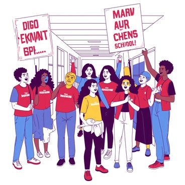 A group of students with faces painted in bright contrasting colors are gathered together in a school hallway. Each student displays vibrant colors representing their school's team spirit. Some students wear matching t-shirts with the school's emblem prominently displayed. They hold large banners with motivational phrases written in bold letters. The banners flutter slightly as the students cheer enthusiastically, showcasing their excitement and unity. The energy is palpable as they prepare to support their team.