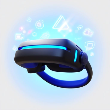 A pair of futuristic virtual reality goggles with sleek, angular designs. The goggles are predominantly black with glowing blue accents. Surrounding the goggles are vibrant holographic projections depicting various digital elements, such as floating geometric shapes and interactive icons. The background is a subtle gradient, enhancing the high-tech appearance of the scene. Light reflections on the goggles add depth and a polished finish.