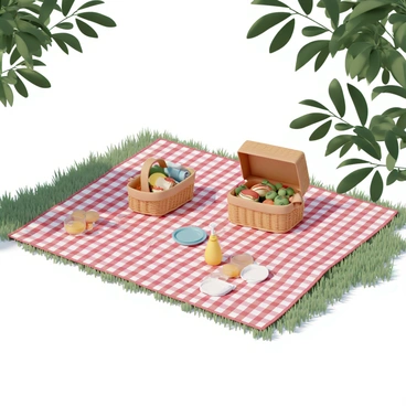 A picnic spread is laid out on a grassy patio. The blanket is red and white checked, covering a portion of the grass. There are two wicker baskets filled with an assortment of food. One basket contains sandwiches, and the other has a variety of fruits. Nearby, a bottle of lemonade with two glasses sits on the blanket. A few colorful plates and napkins are neatly arranged on the blanket, completing the picnic setup. Sunlight filters through nearby trees, casting dappled shadows on the scene.