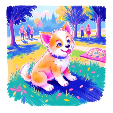 A playful puppy with fluffy fur is sitting on a grassy patch in a park. Its ears are perked up, and it has a joyful expression on its face. Around the puppy, people are passing by, some stopping to admire the puppy. There are trees in the background, and a few colorful picnic blankets are spread out on the grass. The sun casts soft shadows, creating a warm ambiance in the scene.
