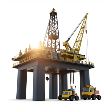 An oil rig set against a brightening sky, with rays of sunlight breaking over the horizon. The structure is large and industrial, showcasing metal beams and platforms. Several workers are present, each wearing orange safety helmets and reflective vests. One worker is inspecting equipment, while another is checking gauges. A crane is positioned to the side, ready to lift items. The atmosphere is filled with anticipation as the day’s operations are about to begin.
