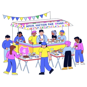 A vibrant cultural heritage fair with colorful decorations and banners. There is a booth prominently displayed offering free food samples from around the world. The booth is adorned with flags representing different countries. A friendly server stands behind the counter, serving small dishes of various international cuisines. Tables nearby are filled with happy visitors sampling the food and engaging in conversation. The atmosphere is lively, and there are various cultural artifacts and crafts displayed around the fair.