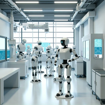 A futuristic robot factory with sleek, metallic walls and large glass windows. Inside the factory, various advanced machines are in action, assembling robotic components with precision. There are several humanoid robots on the assembly line, each partially completed and showcasing intricate mechanical details. Overhead, robotic arms are moving swiftly, welding and connecting parts. The factory floor is busy with activity, illuminated by bright LED lights, while digital screens display complex data and blueprints of the robotic designs.