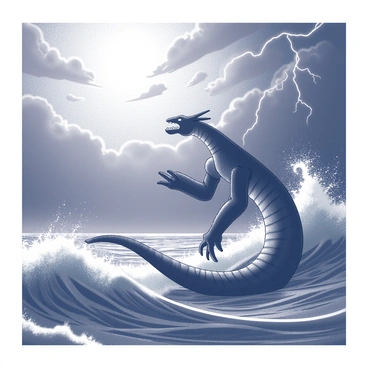A shadowy sea monster partially submerged in turbulent ocean waters. The creature's silhouette is visible just below the churning surface, with large, undulating limbs and a long, serpentine body. Dark waves crash around it, creating frothy whitecaps that reflect the chaotic movement of the storm. Lightning illuminates the scene intermittently, casting stark shadows and revealing the monster's menacing shape. The sky above is filled with dark clouds swirling ominously, while the water's surface is disturbed by the storm's intensity.