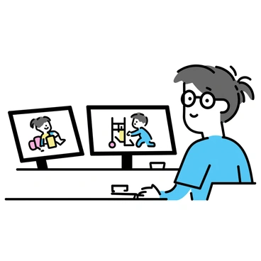 A parent, wearing a blue shirt and black glasses, is sitting in a small booth. The booth is furnished with a simple desk and a chair. There are three monitors in front of the parent, each displaying live footage of different activities of their child, who is playing with toys in a playground. The lighting in the booth is soft, highlighting the parent's focused expression while they watch the screens.